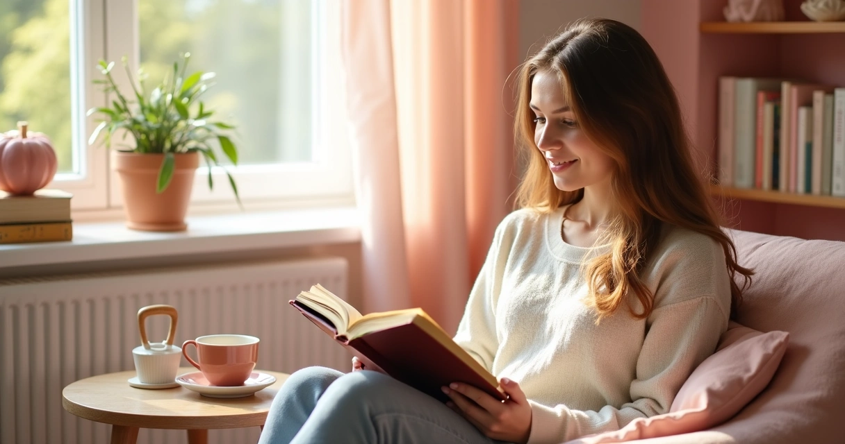 Mulher sentado lendo a Bíblia em uma poltrona confortável
