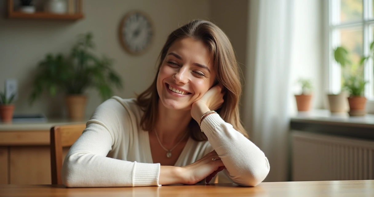 Mulher sorrindo apoiada em uma mesa, parecendo acolhida e tranquila. 