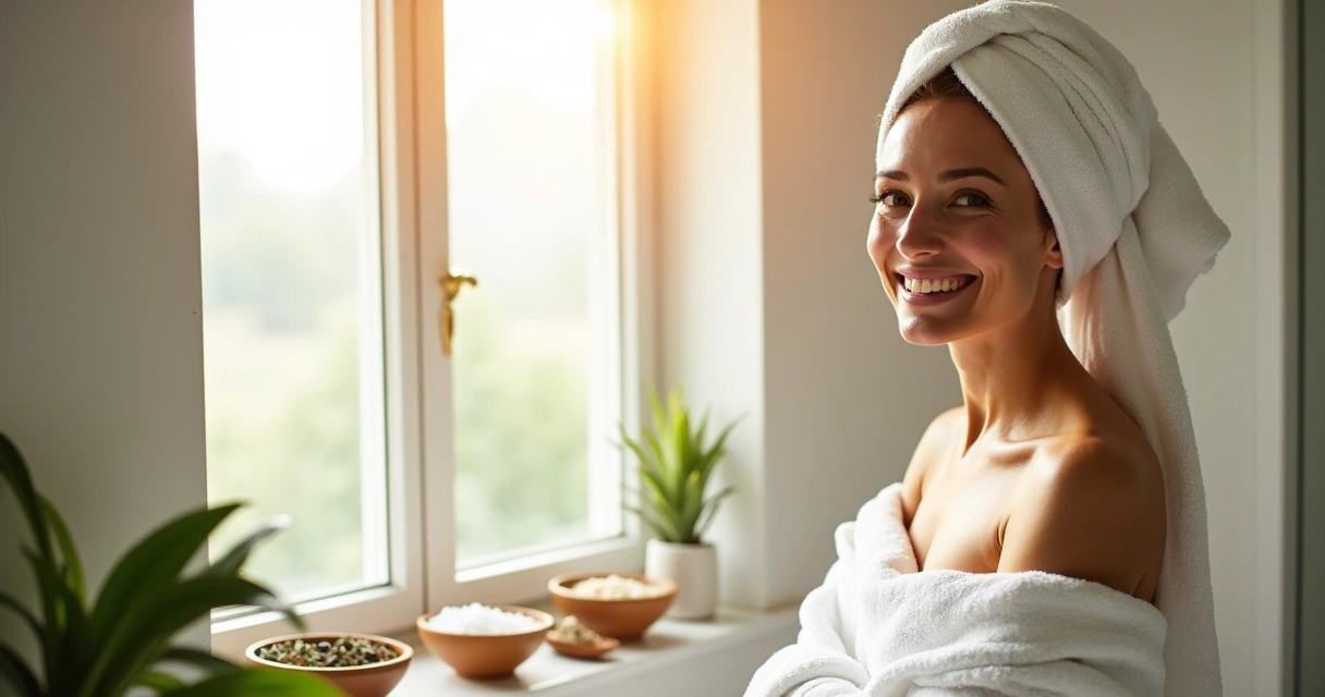 Mulher sorrindo com toalha após banho energético 