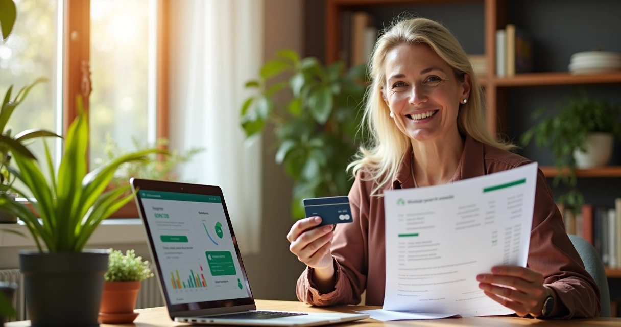Mulher sorrindo segurando cartão e olhando relatório financeiro 