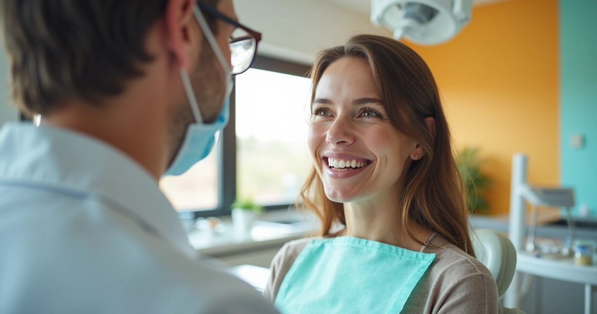 Mulher sorrindo no consultório após tratamento estético facial 