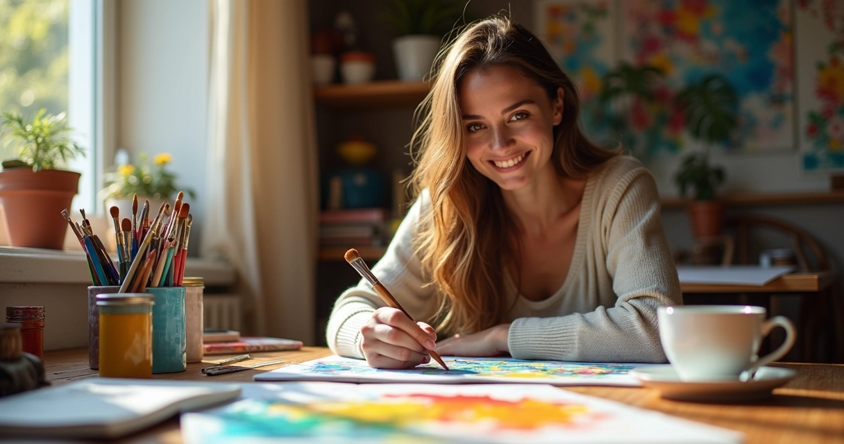 Mulher sorridente pintando em uma mesa bagunçada com materiais artísticos 