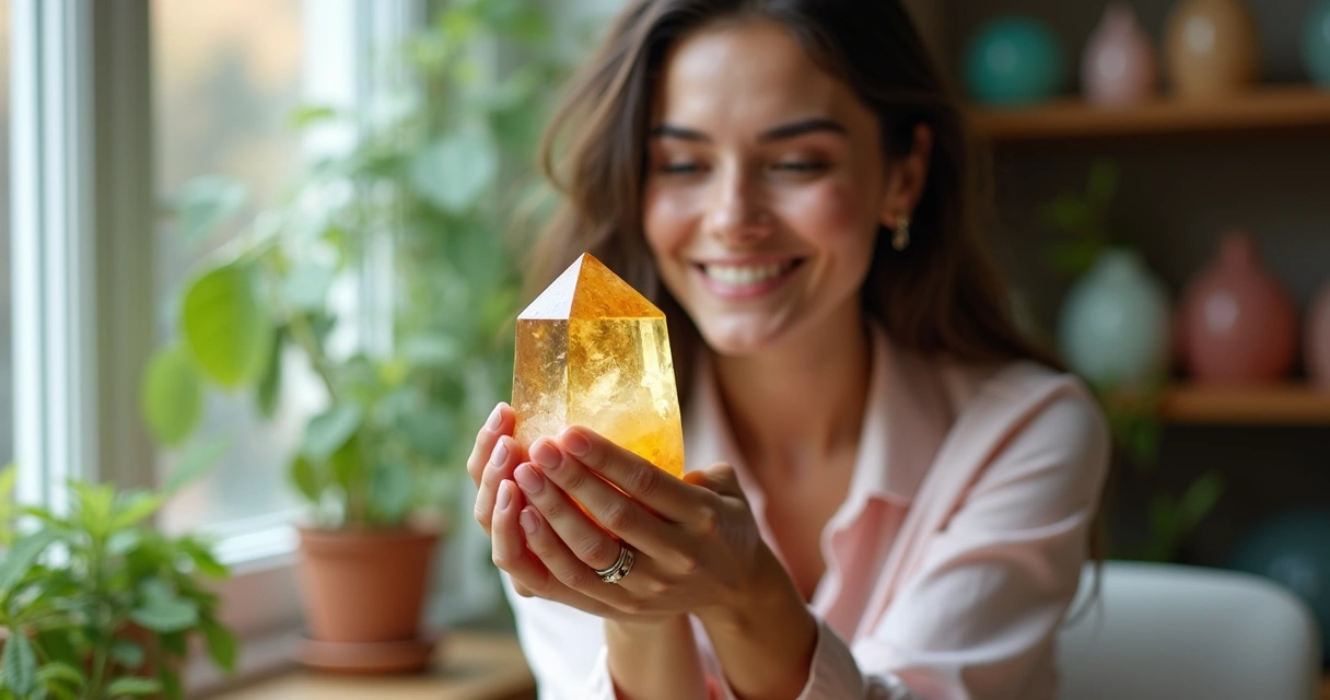 Mulher sorrindo segurando cristal dourado nas mãos 