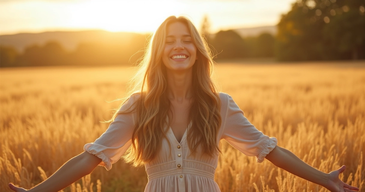 Mulher sorrindo em um campo iluminado com luz suave 