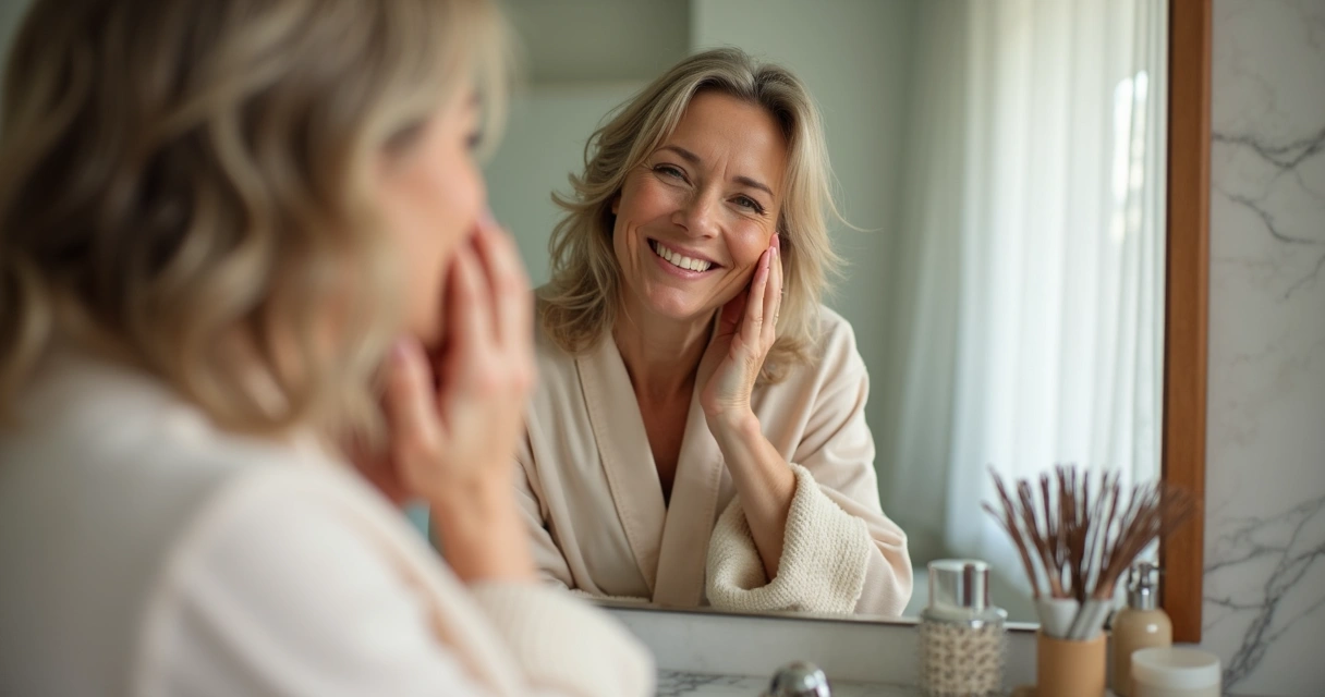 Mulher sorrindo para si mesma em frente ao espelho 