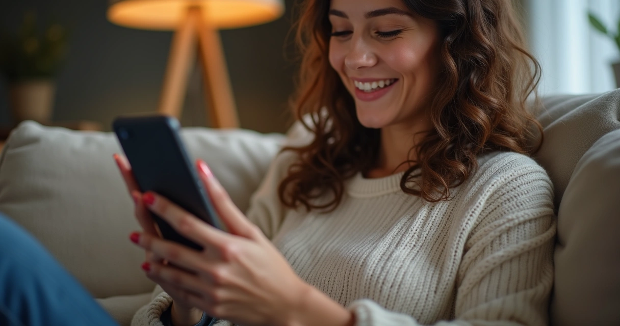 Mulher olhando celular com expressão de felicidade 