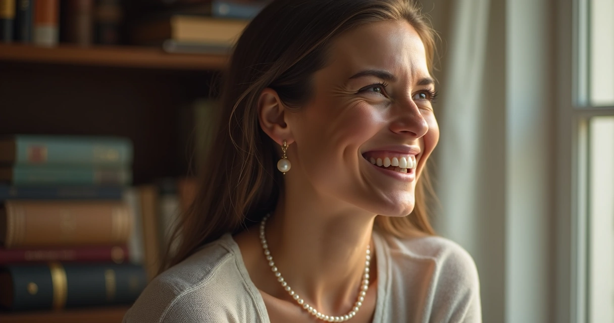 Mulher sorrindo usando colar com pérola, simbolizando superação e virtude 