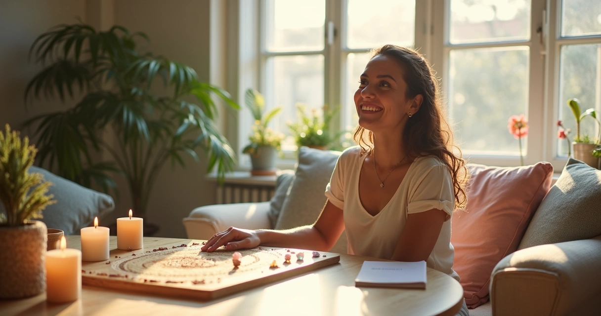 Mulher sorridente ao lado de mesa radiônica em casa