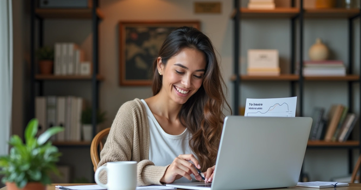 Mulher sorridente olhando para gráfico de vendas crescente em tela de laptop 