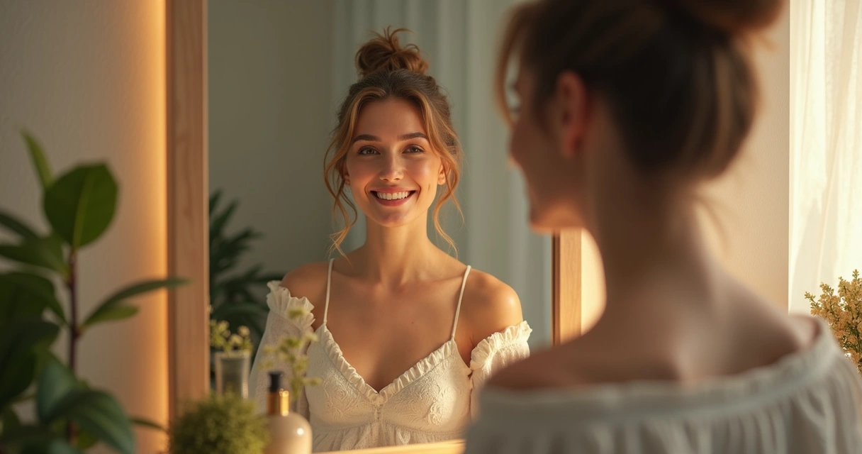 Mulher sorrindo em reflexão ao olhar para o espelho