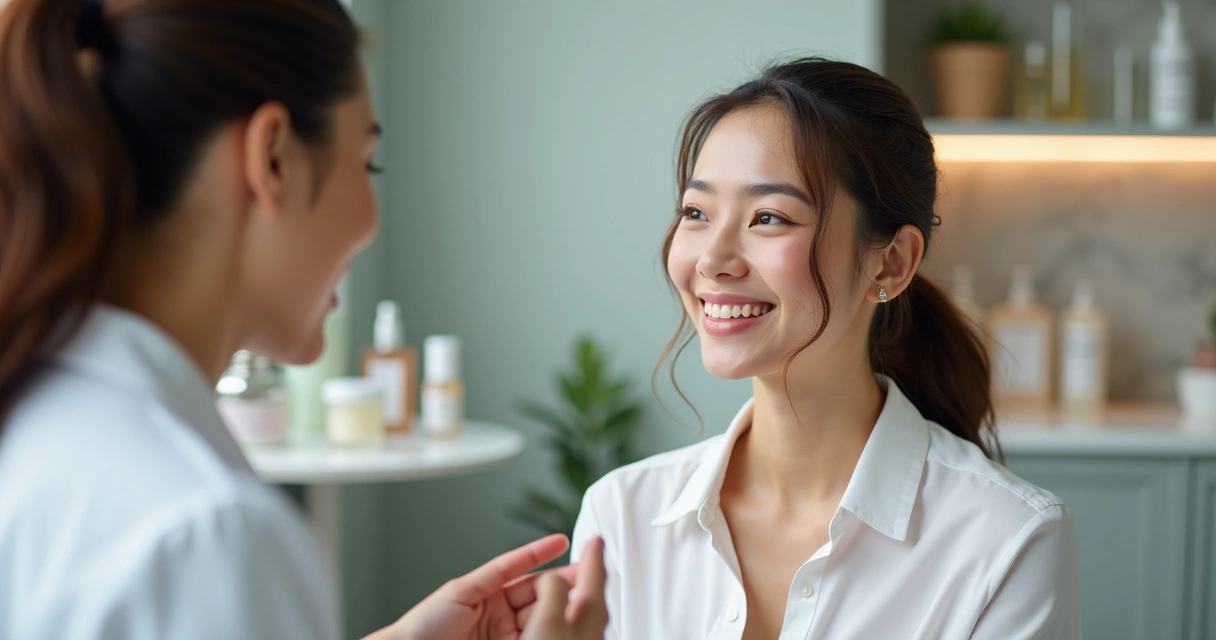 Mulher com pele radiante recebe orientação de profissional de estética 