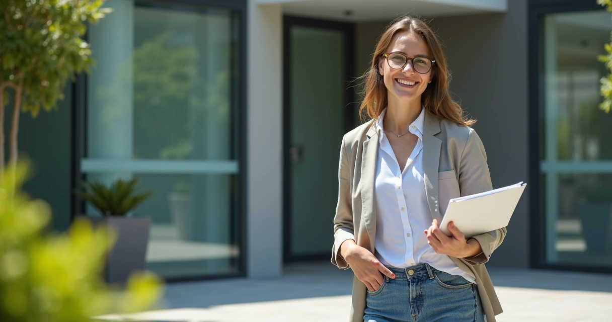 Mulher sorrindo saindo de um laboratório de exames