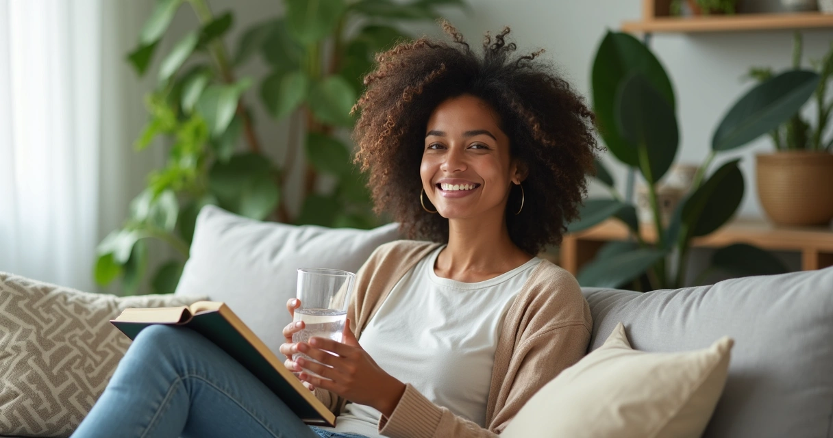 Mulher sorrindo, sentada, aparentando bem-estar, simbolizando equilíbrio entre saúde intestinal e emocional.