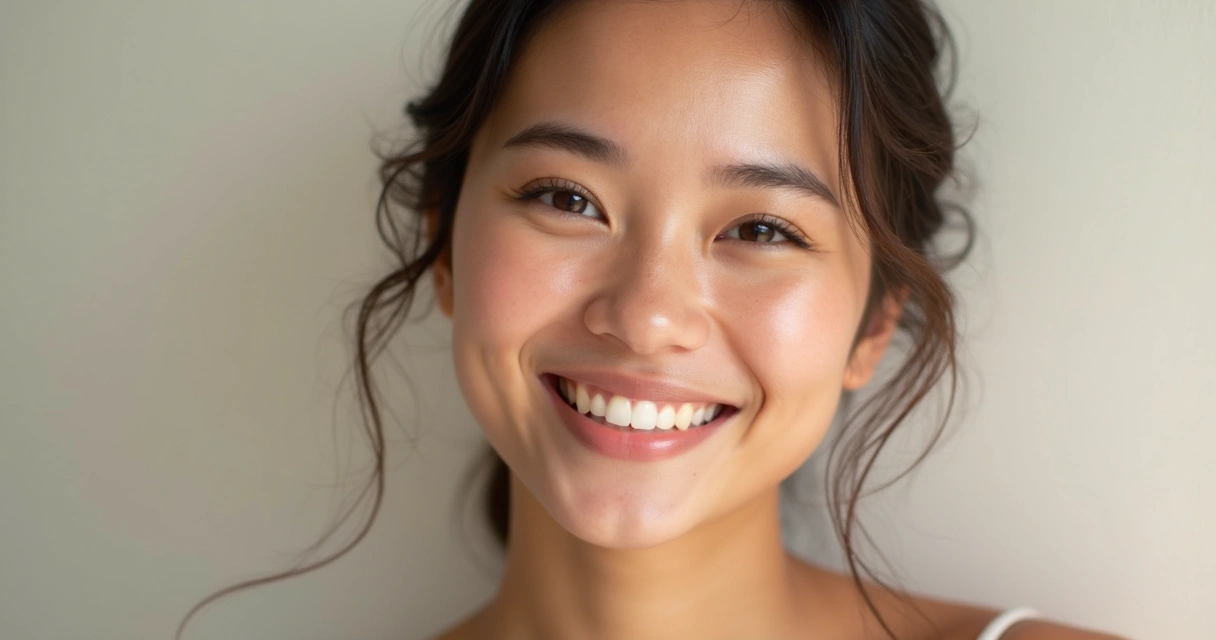Mulher sorrindo com pele uniforme e sem manchas no rosto, fundo neutro e iluminação suave 