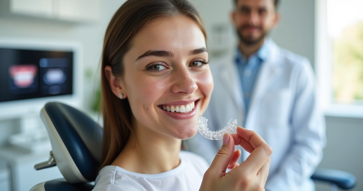 Mulher em consultório odontológico mostrando alinhador invisível transparente no sorriso 