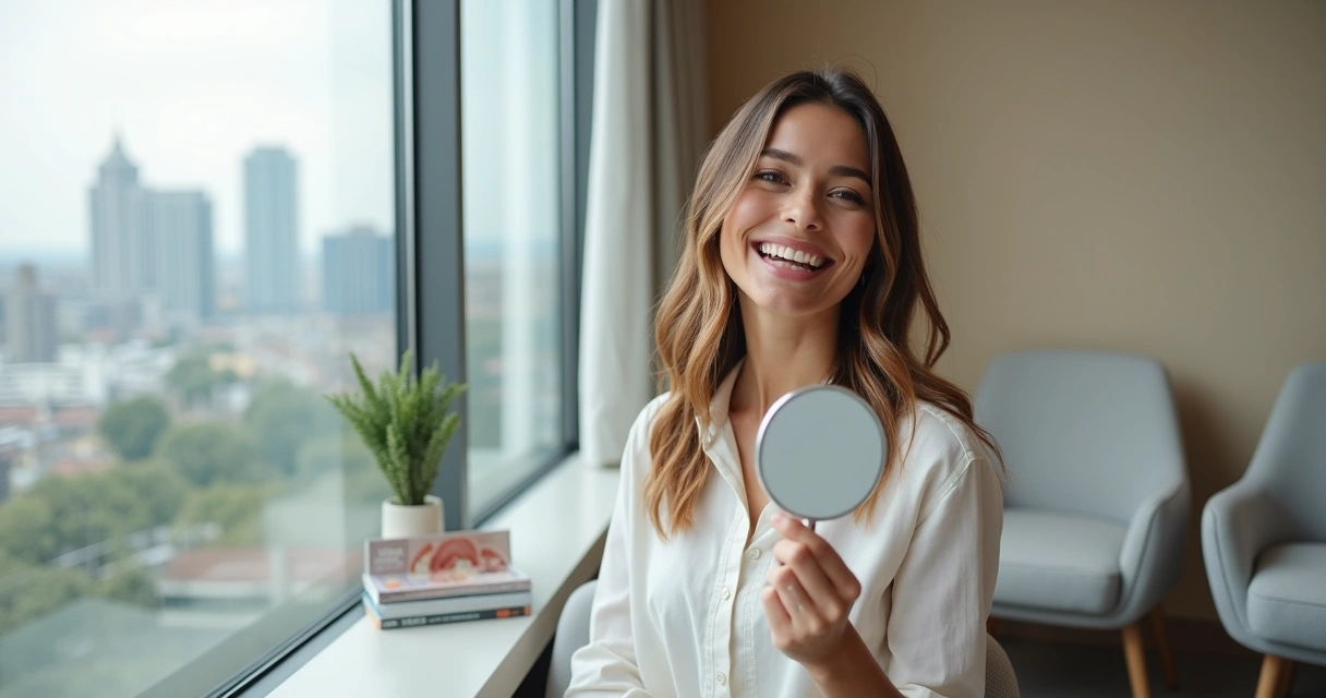 Mulher adulta sorrindo exibindo facetas de porcelana bem alinhadas 