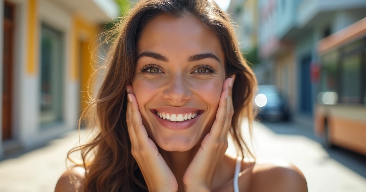 Mulher adulta sorrindo mostrando dentes com facetas de porcelana alinhadas 