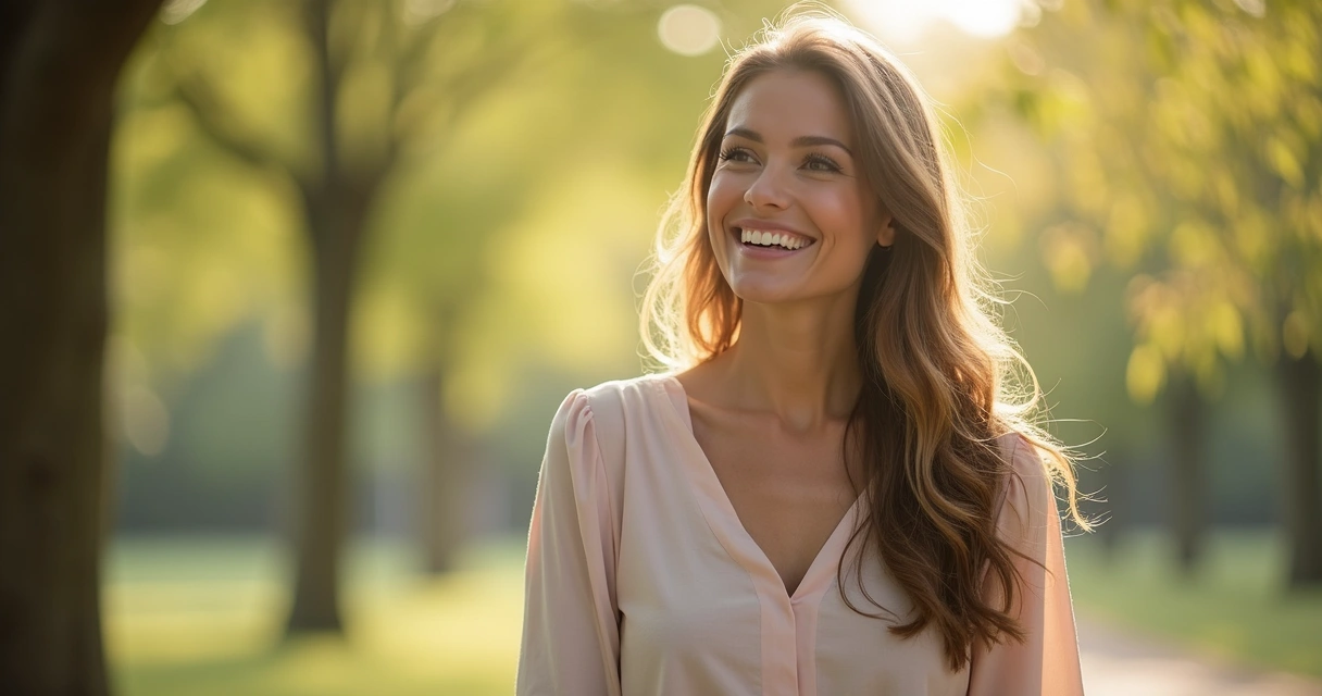 Mulher feliz olhando para o horizonte, expressão de propósito 