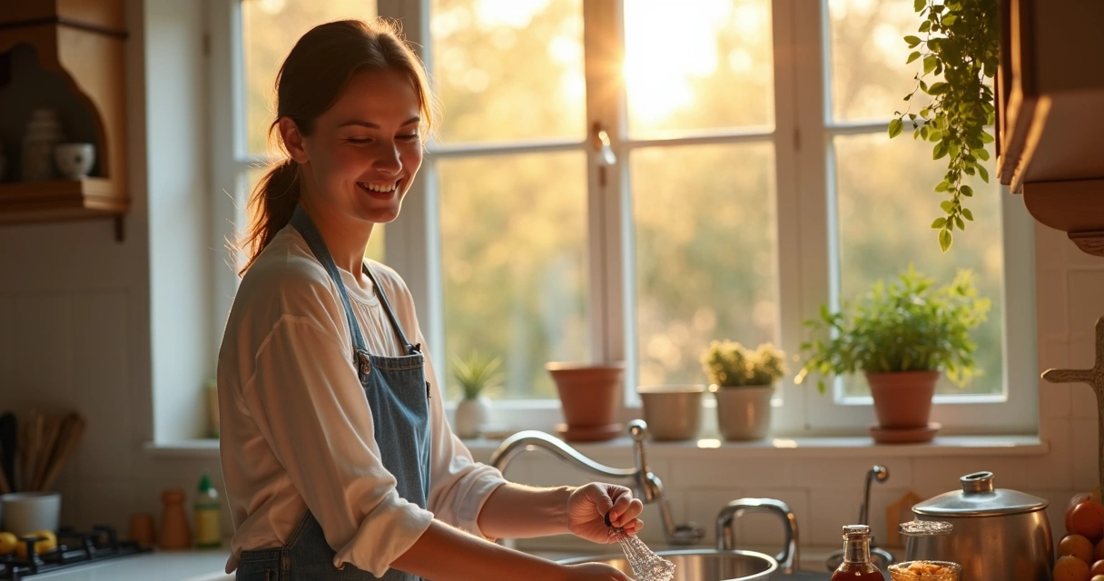 Mulher cristã sorrindo ao realizar tarefas domésticas 