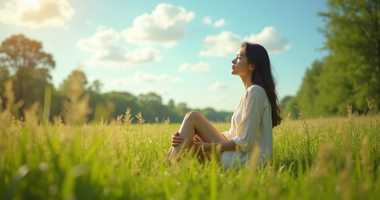 Mulher sentada sozinha em um campo verde com expressão serena, natureza ao fundo e céu azul com nuvens claras 