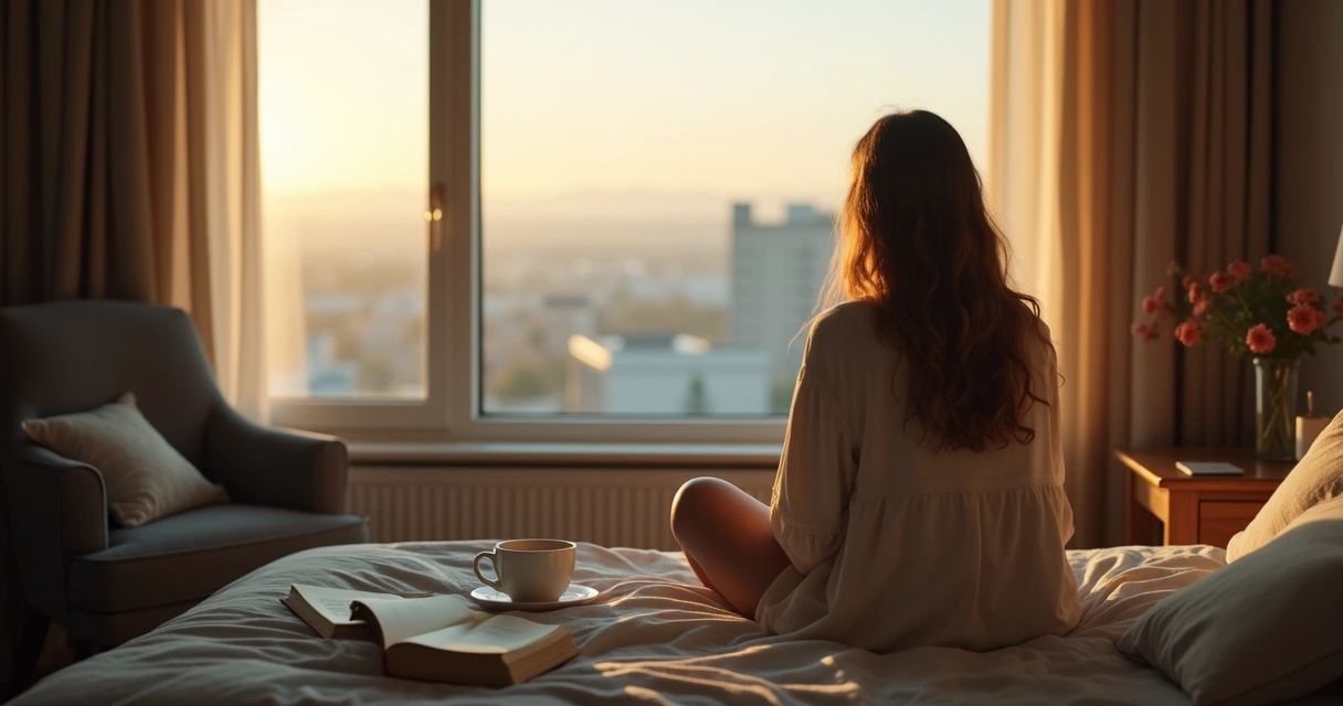 Mulher sentada sozinha em um quarto, olhando para a janela