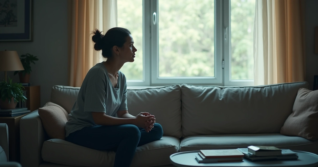 Mulher sentada sozinha refletindo em um ambiente tranquilo 