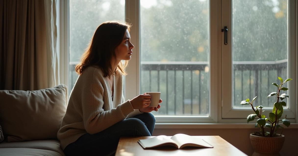 Mulher sentada sozinha olhando pela janela em momento de reflexão
