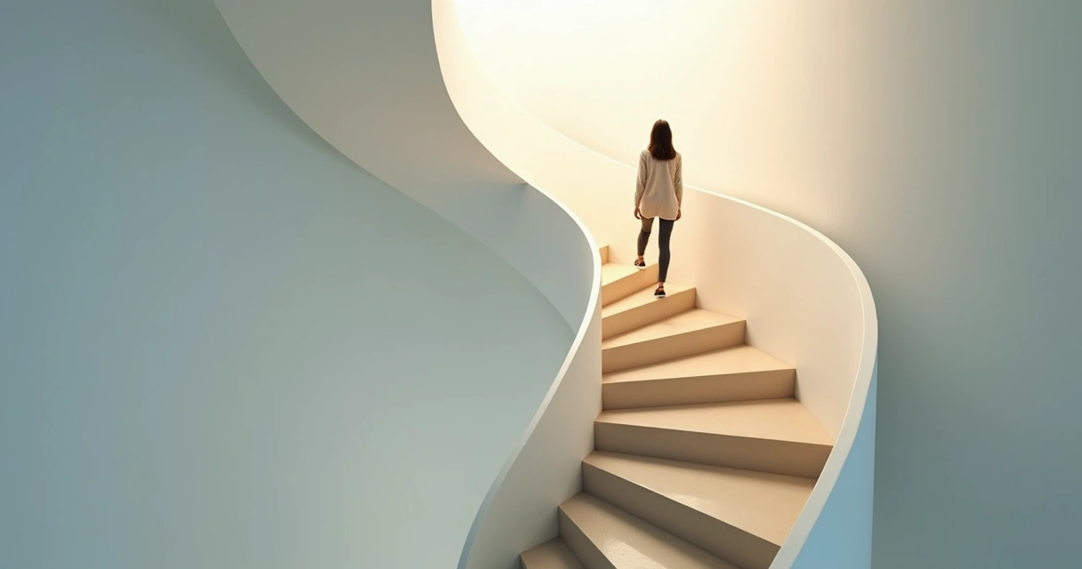 Mulher sobe escada espiral luminosa deixando sombras para trás 