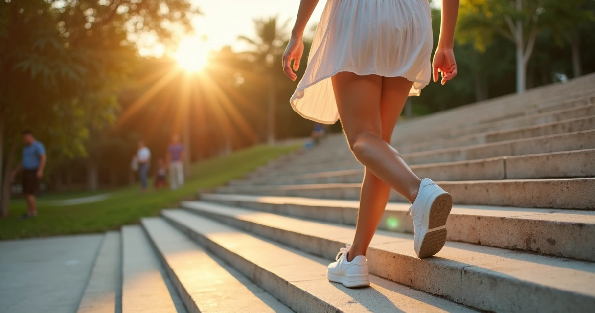 Mulher subindo escadas ao ar livre exibindo pernas saudáveis e confiantes 