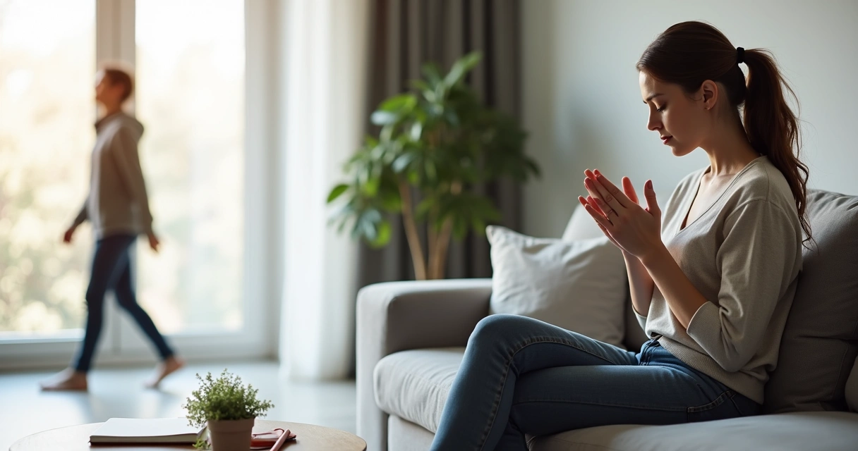Mulher refletindo sozinha em sofá rompendo ciclo de dependência emocional 