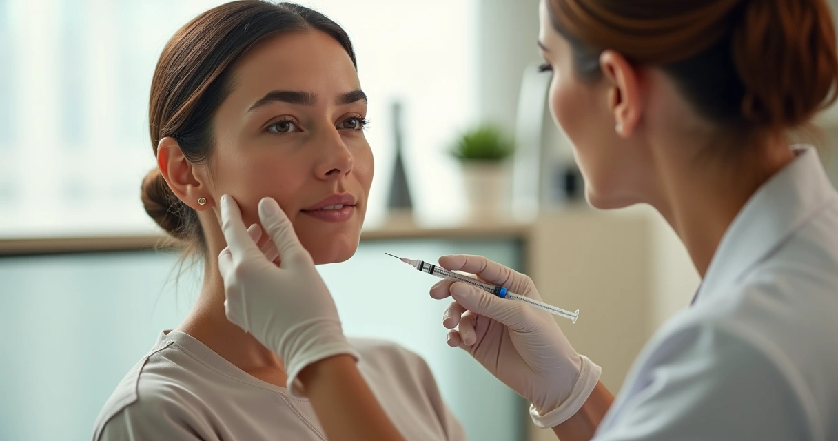 Mulher adulta recebendo terapia injetável facial em clínica moderna e iluminada 
