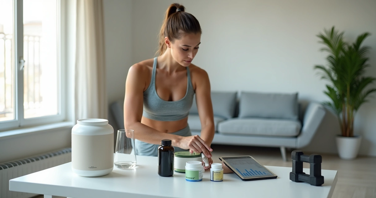 Mulher organizando diferentes suplementos esportivos sobre bancada branca 
