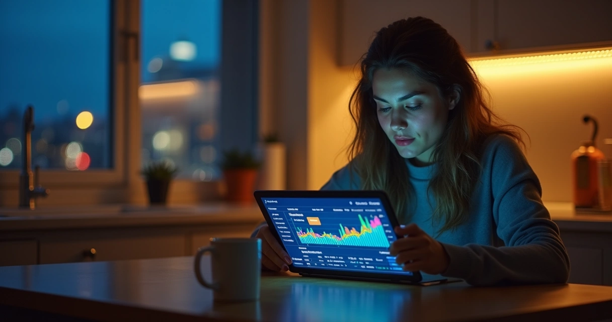 Mulher verifica tablet com gráficos financeiros e alertas 