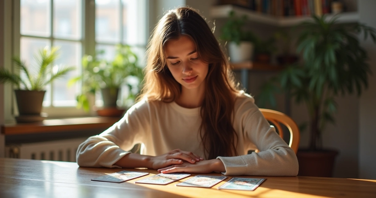 Mulher olhando para cartas de tarot em ambiente tranquilo 