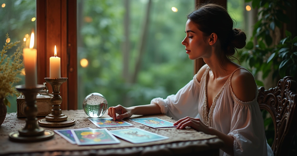 Mulher concentrada em mesa com cartas de tarot, refletindo uma atmosfera mágica e de autoconhecimento.