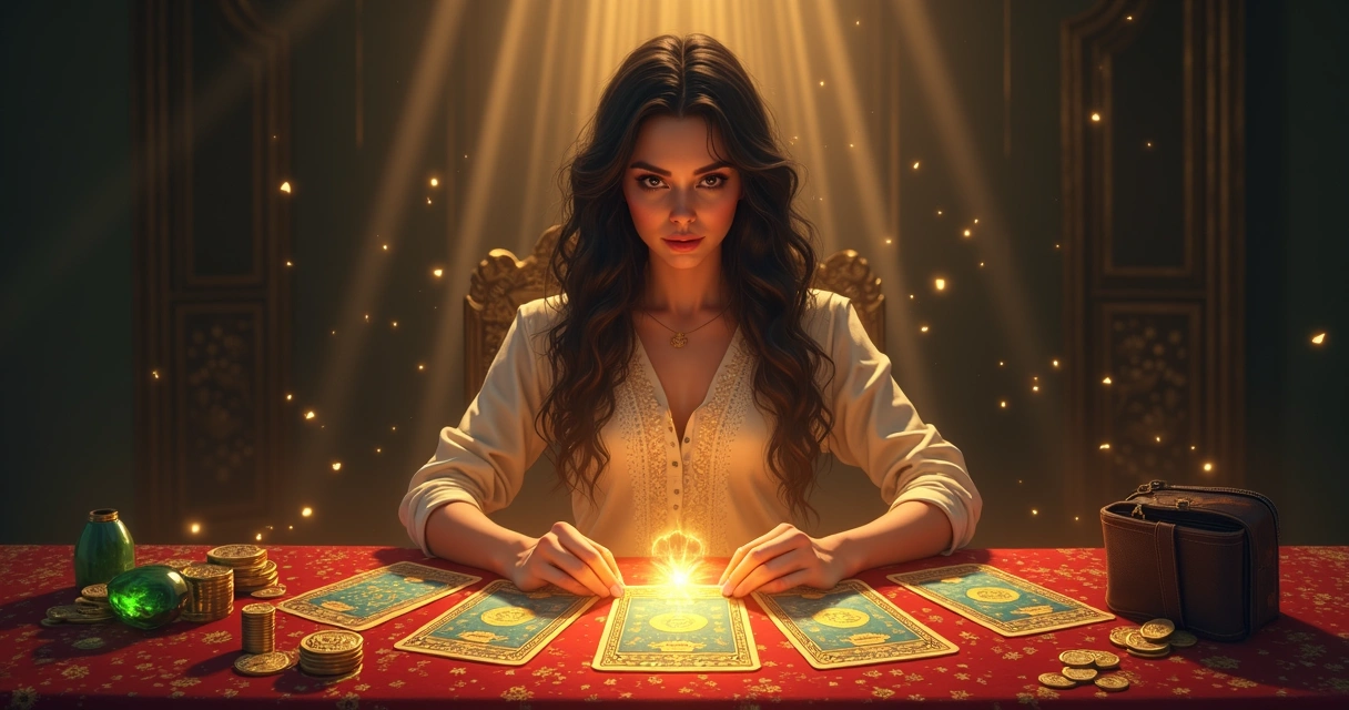 Mulher lendo cartas de tarot com feixes dourados e objetos de prosperidade 