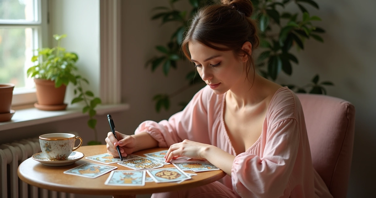 Mulher analisando cartas de tarot para decisão 