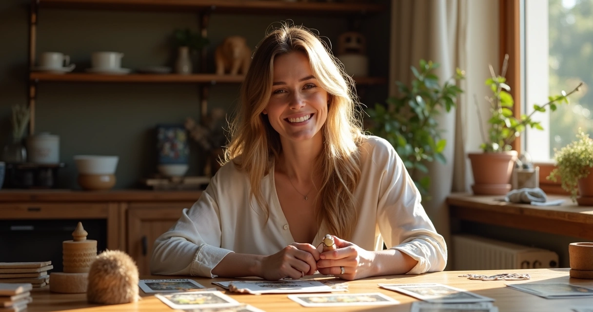 Mulher sorrindo lendo cartas de tarot num ambiente iluminado 