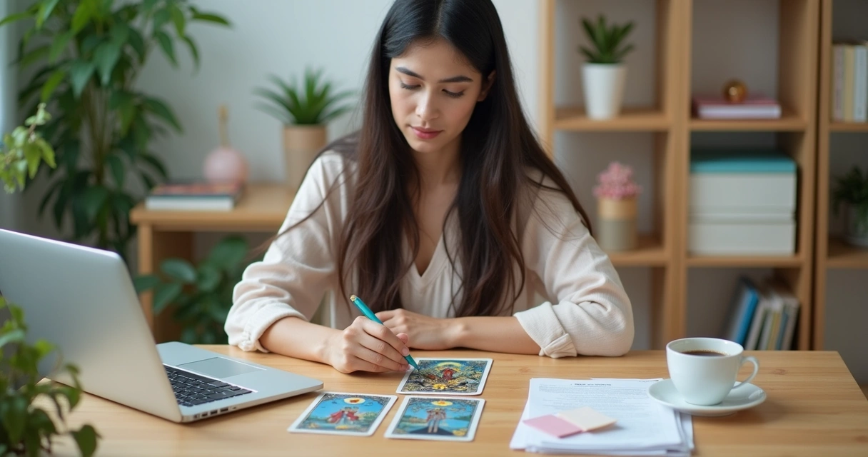 Mulher concentrada observando cartas de tarot sobre a mesa 