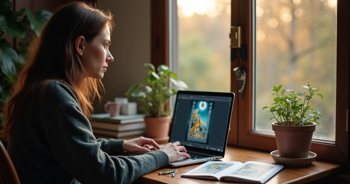 Mulher usando notebook para jogar tarot online 