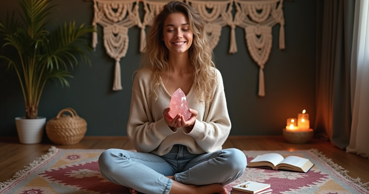 Mulher sorrindo meditando segurando quartzo rosa e cartas de tarot ao fundo. 