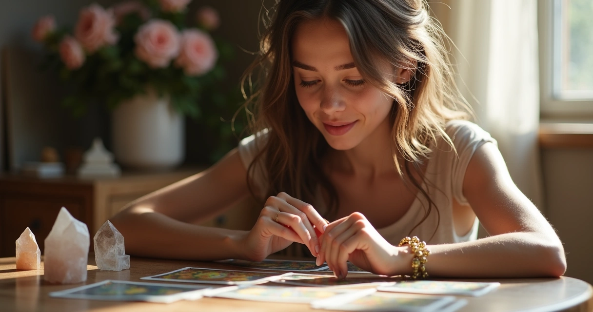 Mulher jovem sorrindo olhando cartas de tarot