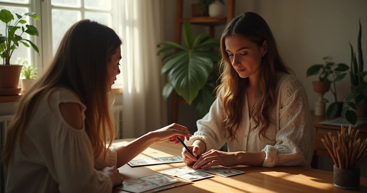 Consultora segurando cartas de tarot lendo para jovem mulher sentada 