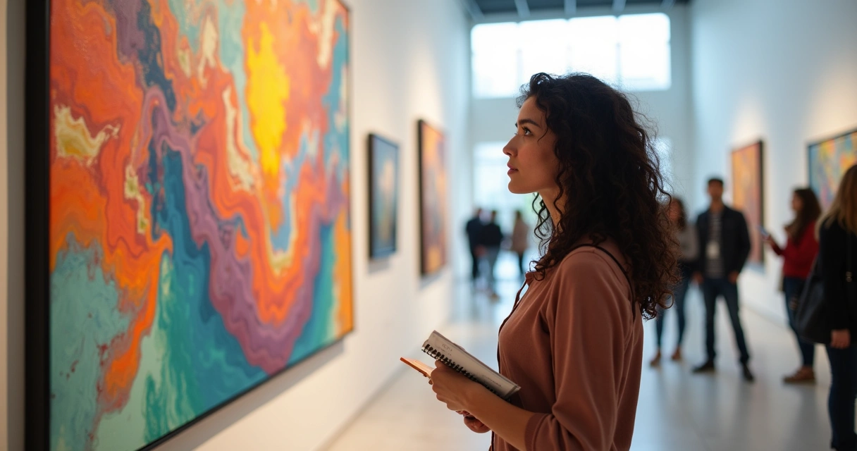 Mulher observando obra de arte em galeria luminosa, com detalhe em pintura colorida