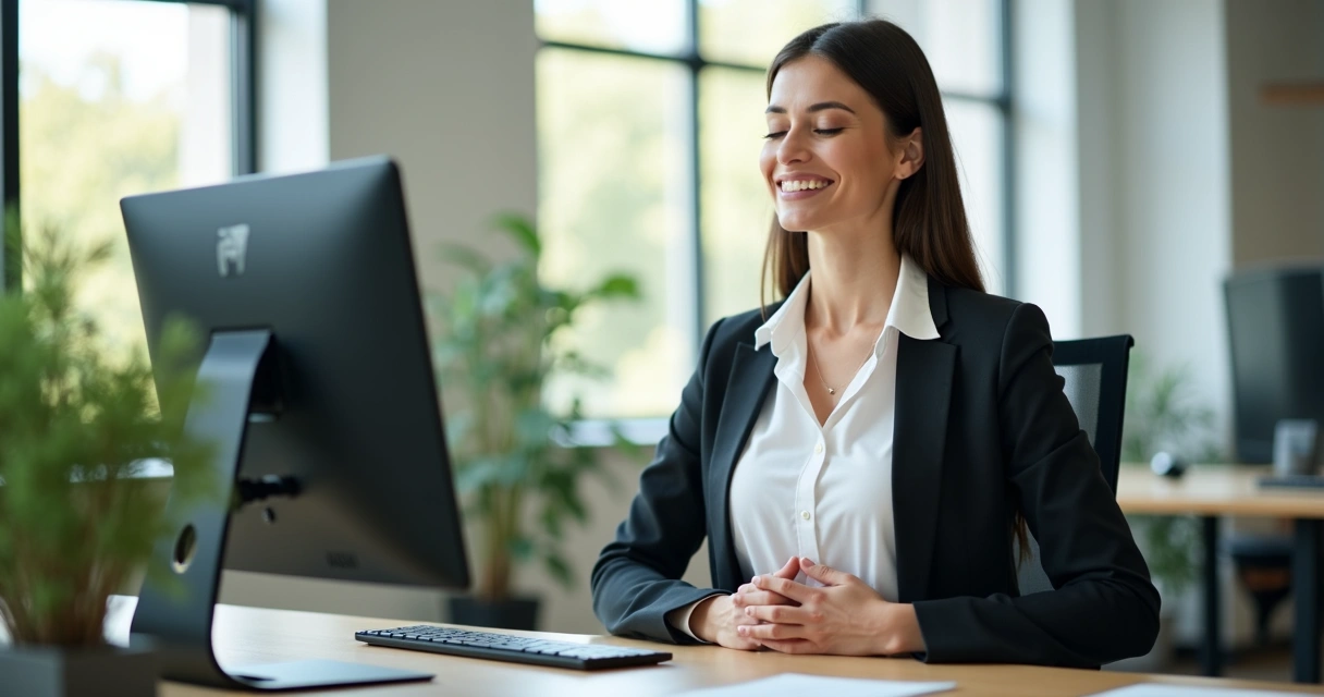 Mulher sentada de olhos fechados, praticando respiração consciente na mesa de trabalho