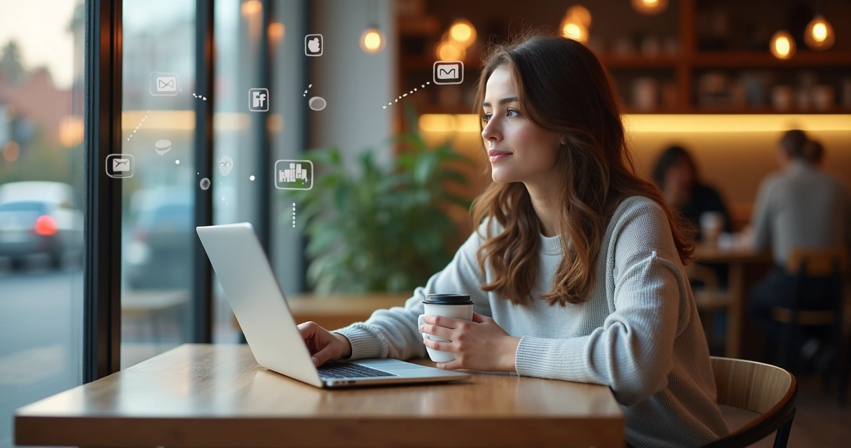 Mulher sentada com notebook em uma cafeteria moderna, olhando para fora da janela enquanto bebe café. 