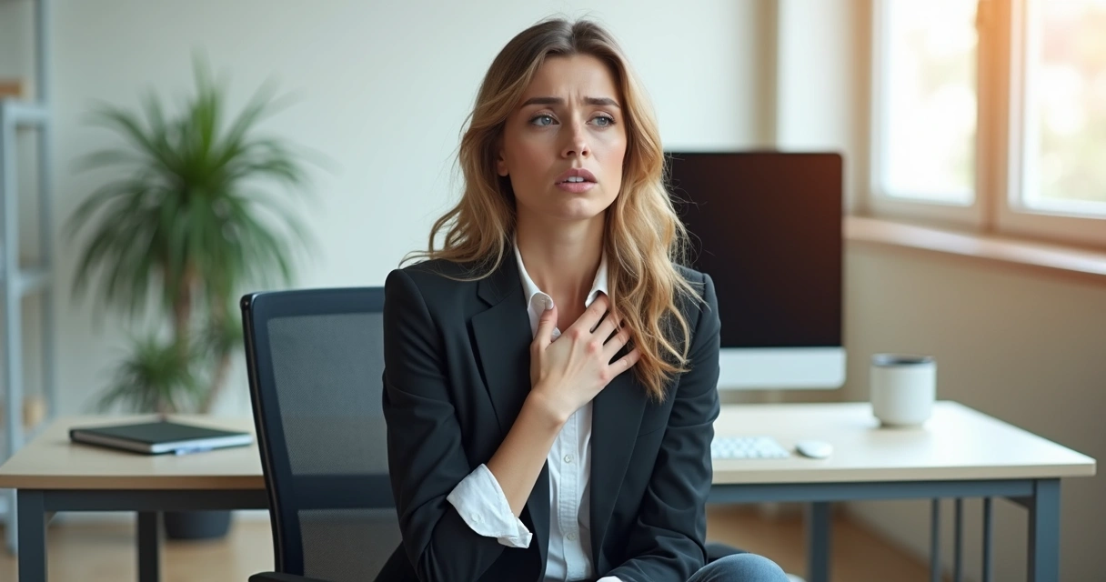Mulher sentada em cadeira de trabalho com expressão tensa, mão no peito, ambiente de escritório claro 