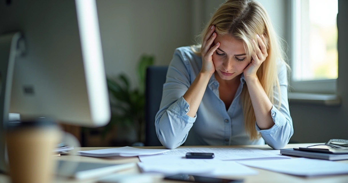 Mulher loira sentada no escritório com as mãos na cabeça 