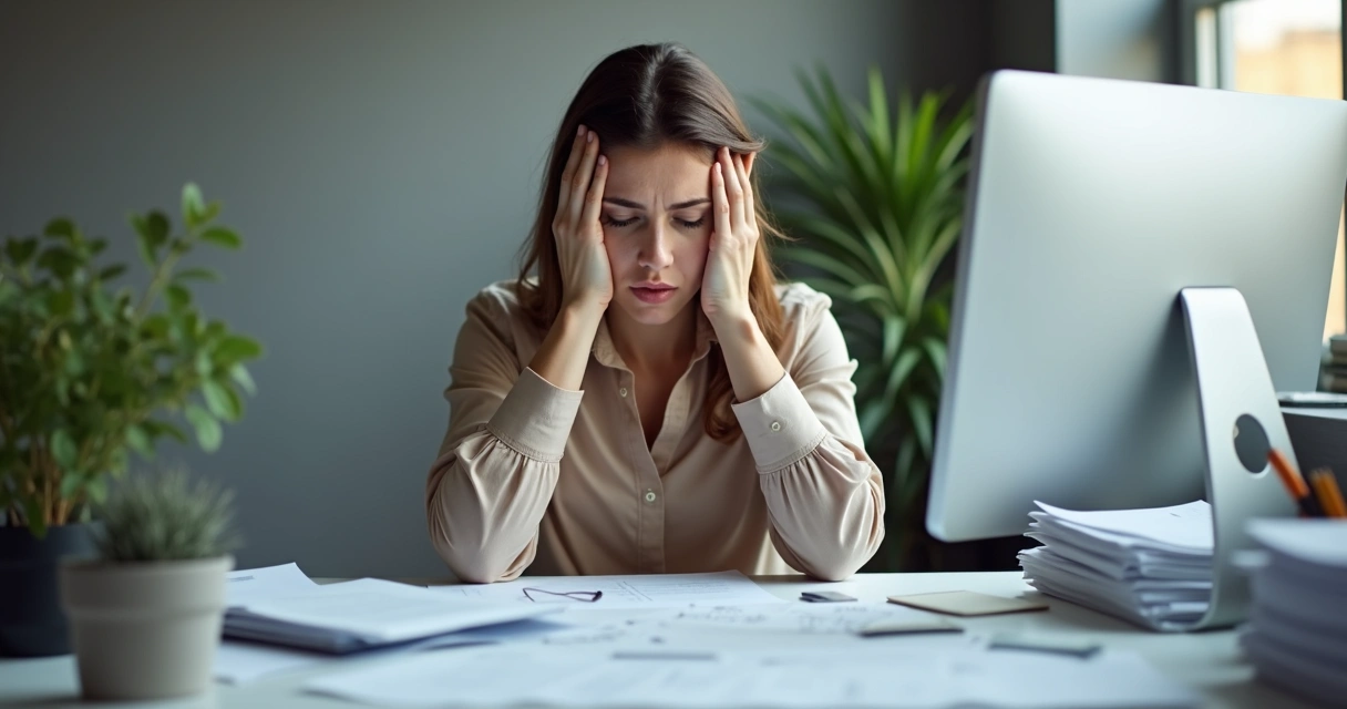 Mulher sentada à mesa de trabalho segurando a cabeça, rodeada de papéis e computador 