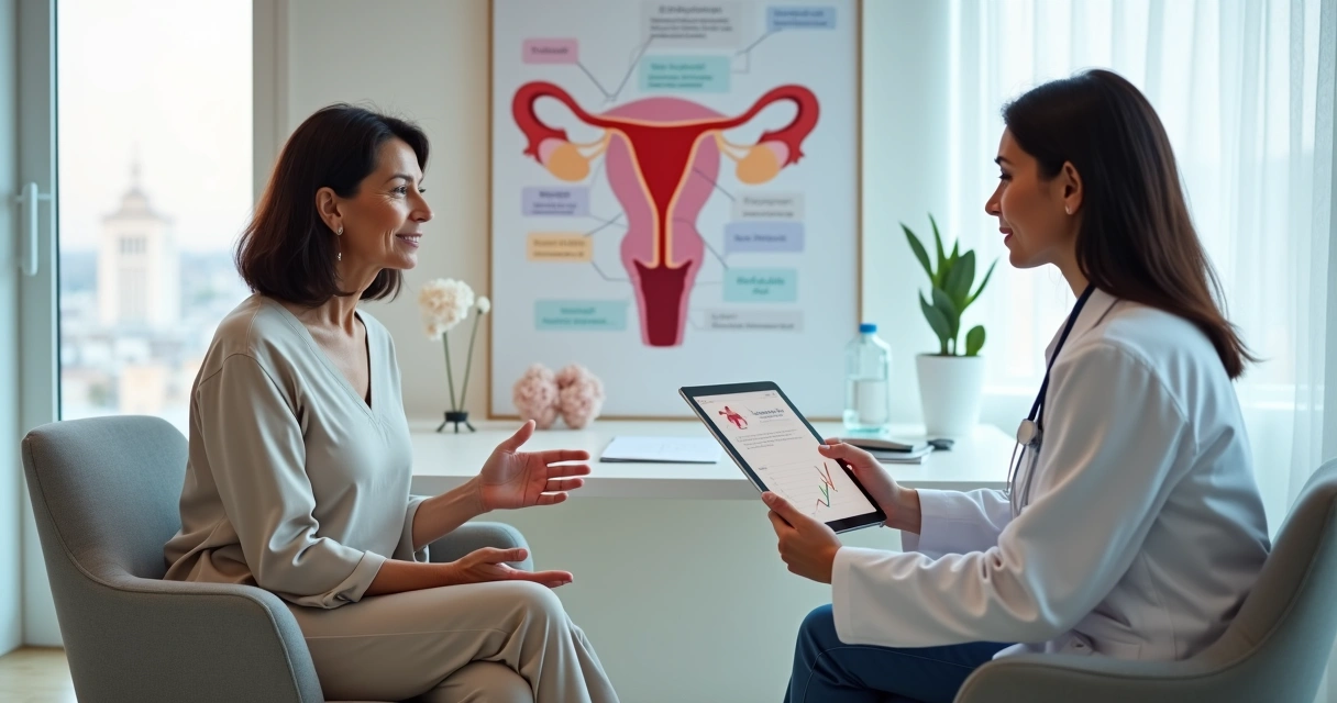 Mulher adulta conversa com médica sobre tratamento de reposição hormonal 